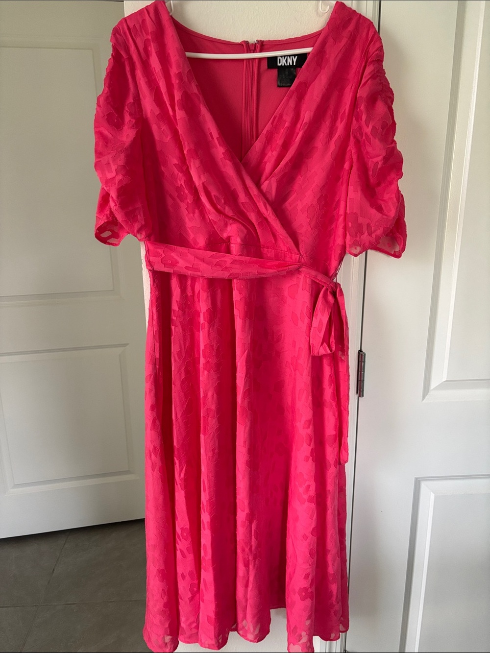 DKNY Hot Pink Wrap Midi Dress with Tie Waist